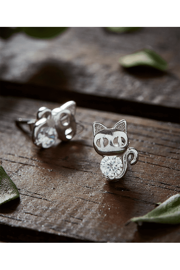 Sterling Silver Crystal Cat Earrings