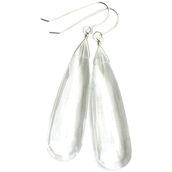 Sterling Silver Crystal Clear Quartz Earrings Long Large Teardrops Faceted Briolette Designed for Adult Women