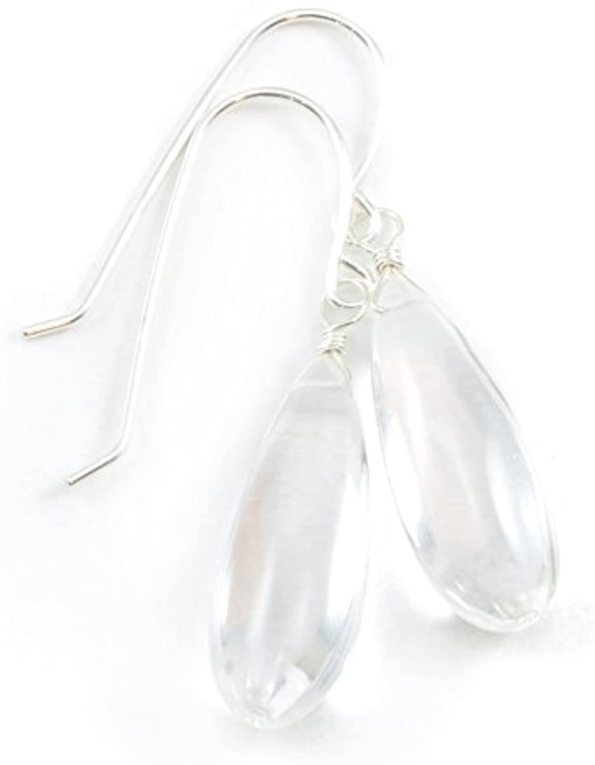 Sterling Silver Crystal Clear Quartz Earrings Smooth Long Puffed Teardrop Simple Drops Designed for Adult Women