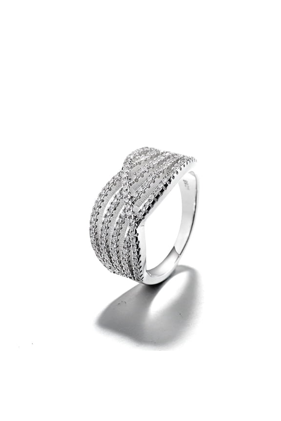 14K White Gold Plated Crystal Cross Over Ring