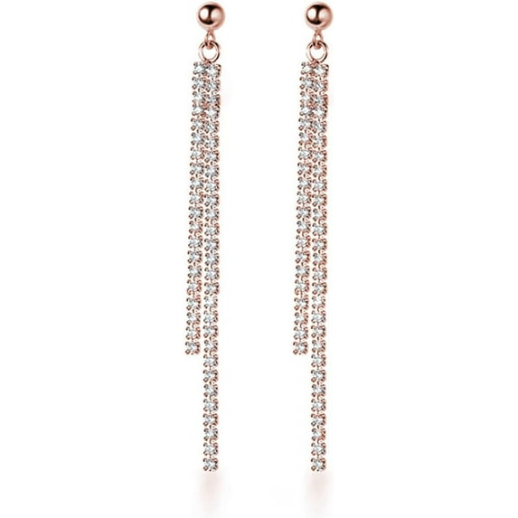 Sterling Silver Crystal Rhinestone Linear Drop Earrings for Women Teens CZ Long Dangle Earrings Tassel Chain Studs