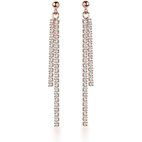 Sterling Silver Crystal Rhinestone Linear Drop Earrings for Women Teens CZ Long Dangle Earrings Tassel Chain Studs