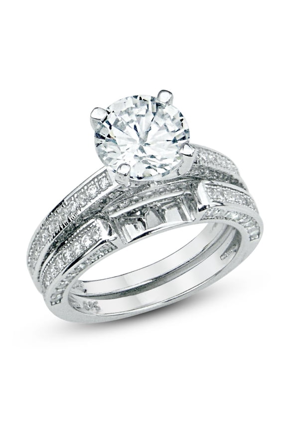 Sterling Silver Cubic Zirconia 2.4 Carat tw Round Cut CZ Pave Wedding Engagement Ring Set, Nickel Free Sz 9