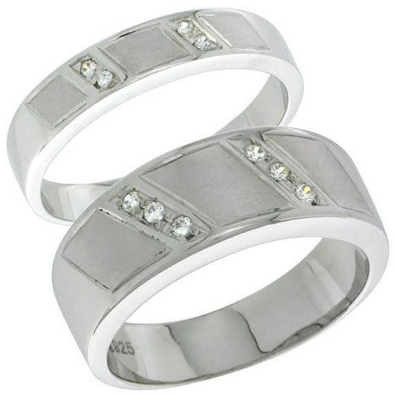 Sterling Silver Cubic Zirconia 2-Piece Wedding Ring Set for Him 8mm 5/16 inch wide & Her 4mm 5/32 inch wide, size 9.5