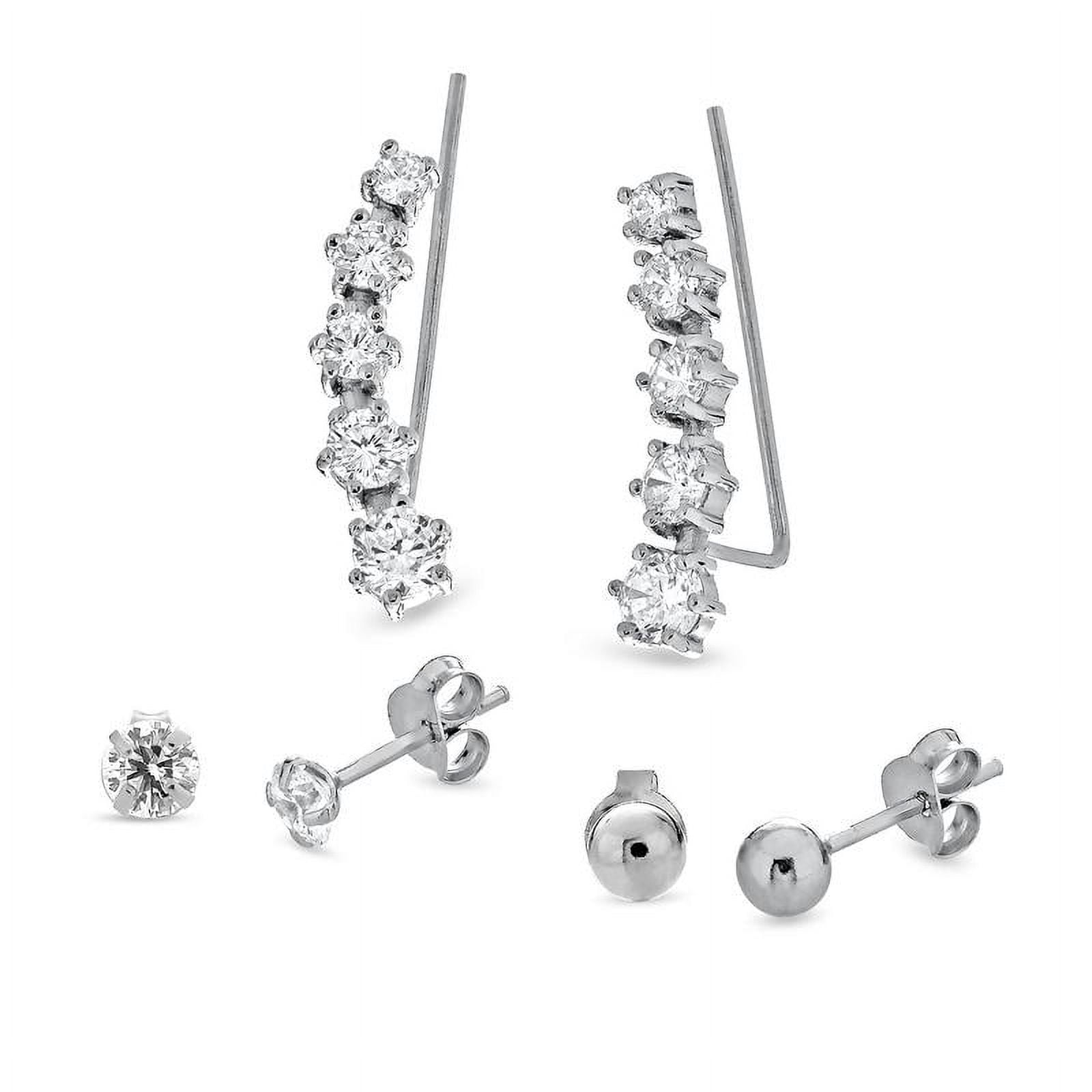 Sterling Silver Cubic Zirconia Ball Stud And Crawler Earrings Set