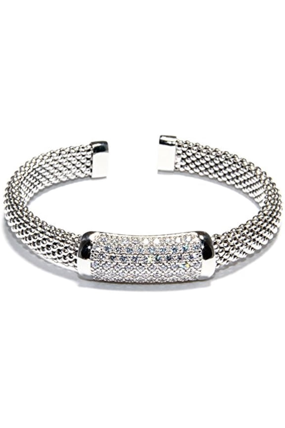 Sterling Silver Cubic Zirconia Bar Faceted Flexible Diamond-Cut Mesh Cuff Bracelet 6.25"