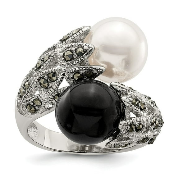 Sterling Silver Cubic Zirconia Black White Freshwater Cultured Pearl Ring - Size 8 - Measures 4mm Wide
