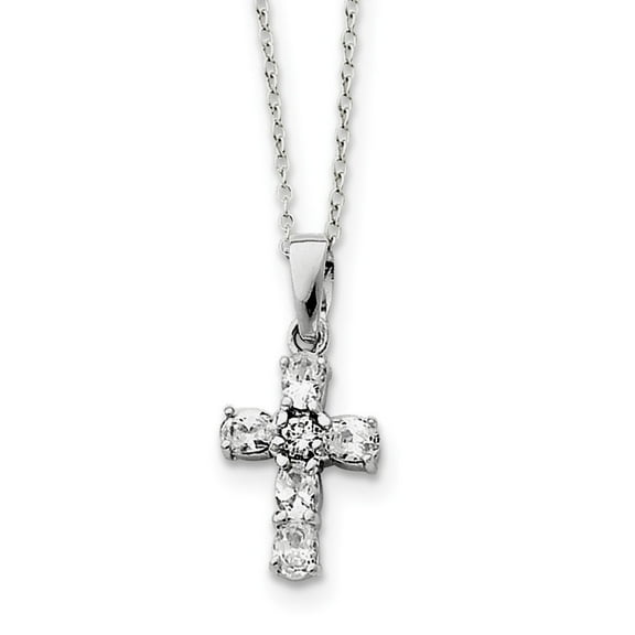 Sterling Silver Cubic Zirconia Cross on Box Chain Necklace - 16 Inch - Spring Ring