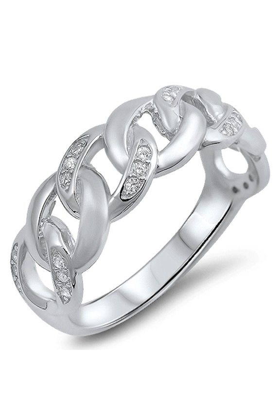 Sterling Silver Cubic Zirconia Curb Chain Design Ring