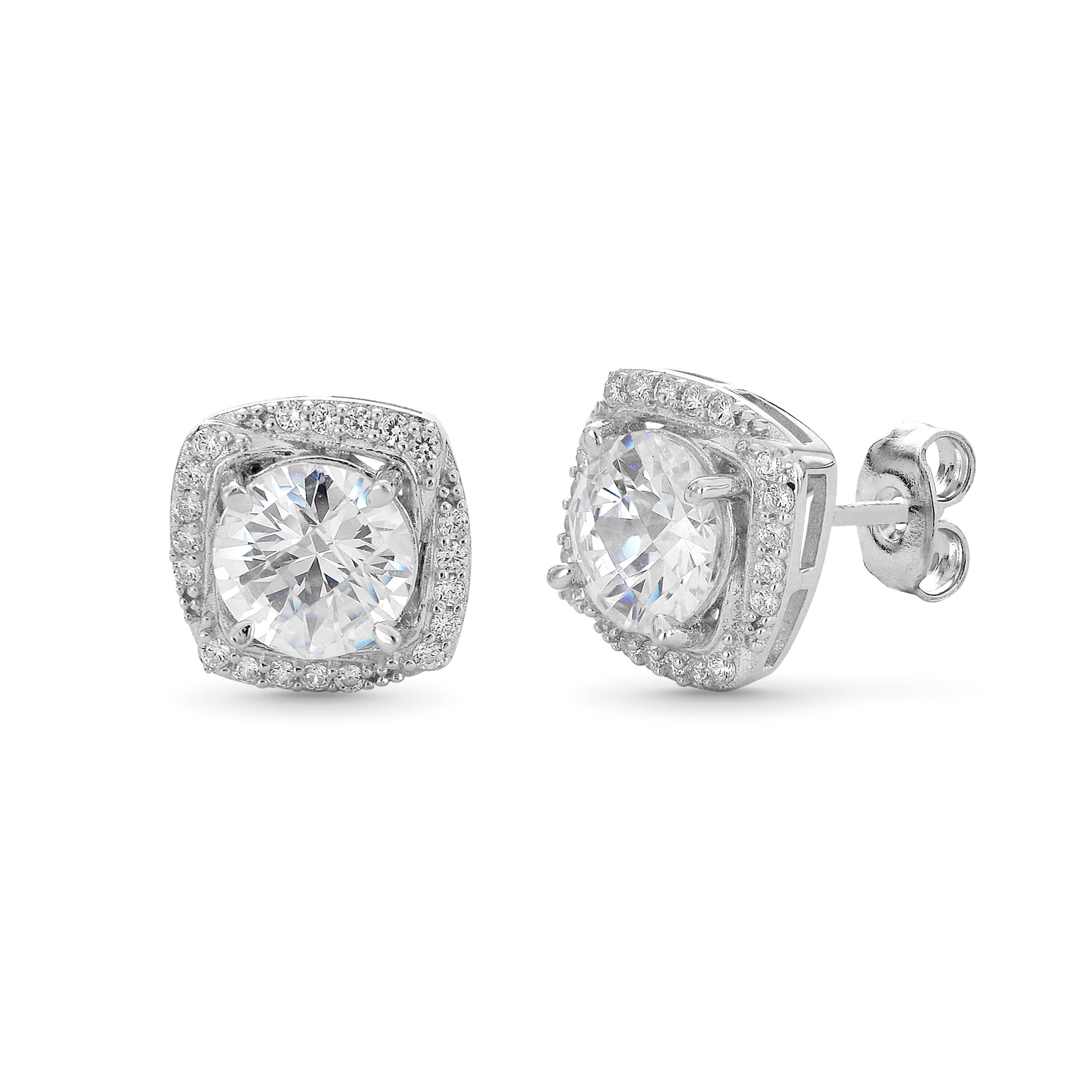Sterling Silver Cubic Zirconia Cushion Shape On Point Stud Earrings