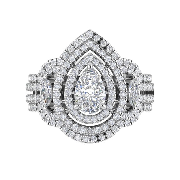 Sterling Silver Cubic Zirconia Dainty Two Piece Pear and Marquise Halo Engagement Ring CZ Trio Ring Stackable Bridal Set