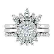 TWOBIRCH Sterling Silver Cubic Zirconia Delicate Tiara Floral Design Border Ring Guard Halo Engagement Ring CZ Duo Stackable Ring Set