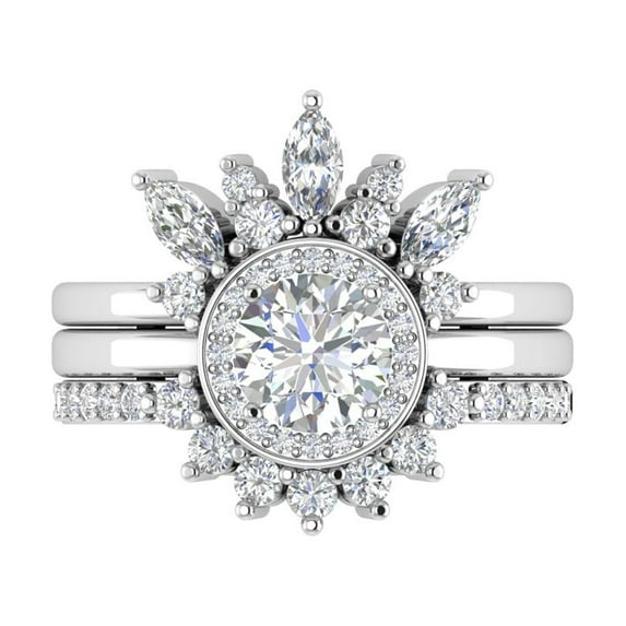 Sterling Silver Cubic Zirconia Delicate Tiara Floral Design Border Ring Guard Halo Engagement Ring CZ Duo Stackable Ring Set