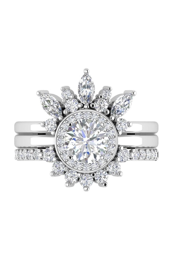 Sterling Silver Cubic Zirconia Delicate Tiara Floral Design Border Ring Guard Halo Engagement Ring CZ Duo Stackable Ring Set