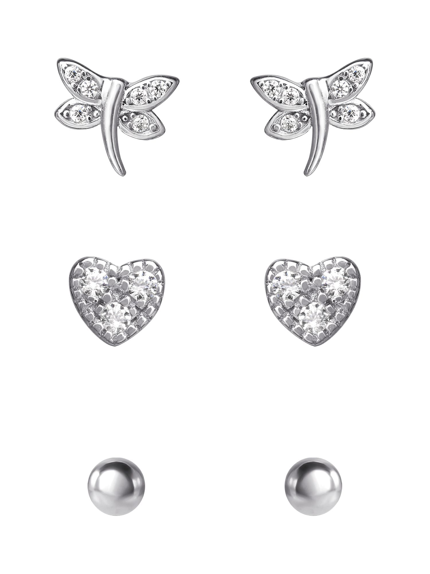 Brilliance Women’s Sterling Silver Cubic Zirconia Dragonfly, Heart, and Stud Earring Set, 3 Pair