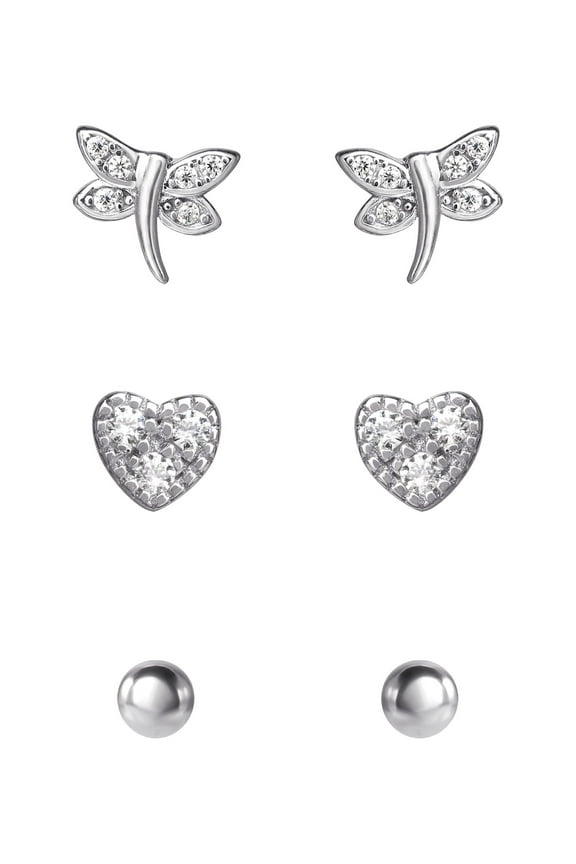 Womens Sterling Silver Cubic Zirconia Dragonfly, Heart, and Stud Earring Set, 3 Pair