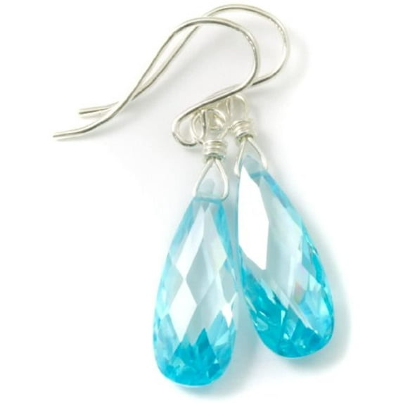 Sterling Silver Cubic Zirconia Earrings Blue Simulated Aquamarine Teardrops Faceted Pear Simple CZ 1.4" Designed for Adult Women