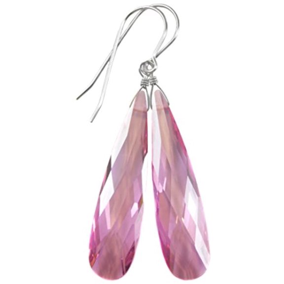 Sterling Silver Cubic Zirconia Earrings Simulated Pink Sapphire Large Long Faceted CZ Drops 2 Inch Designed for Adult Women