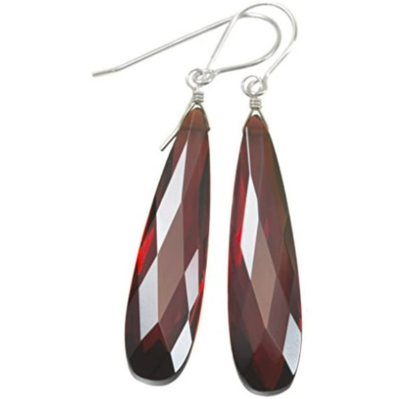 Sterling Silver Cubic Zirconia Earrings Simulated Red Garnet Large Long Faceted CZ Drops 2 Inch Designed for Adult Women