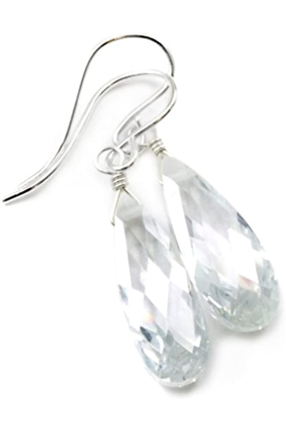 Sterling Silver Cubic Zirconia Earrings White Simulated Diamond Teardrops Faceted Simple CZ Drops 1.4" Designed for Adult Women