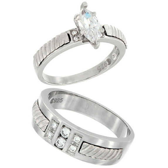 Sterling Silver Cubic Zirconia Engagement Rings Set for 7 mm Him & Hers 11 mm Rope Design, size 7