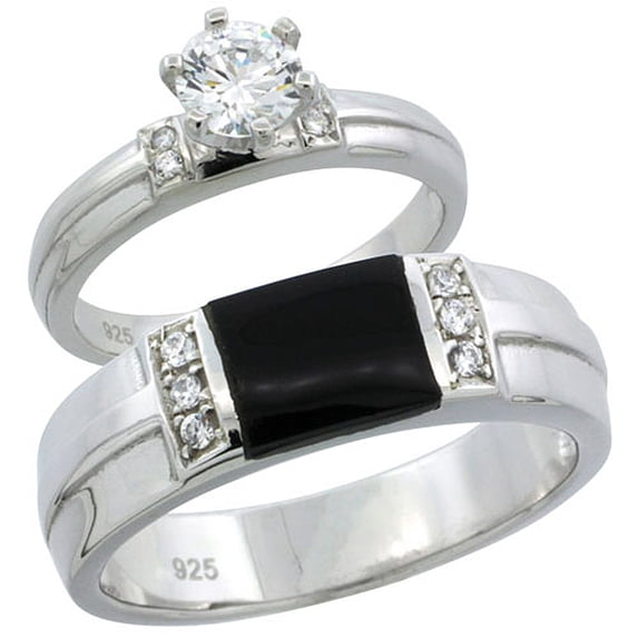 Sterling Silver Cubic Zirconia Engagement Rings Set for Him & Her 1 ct size, Size 7