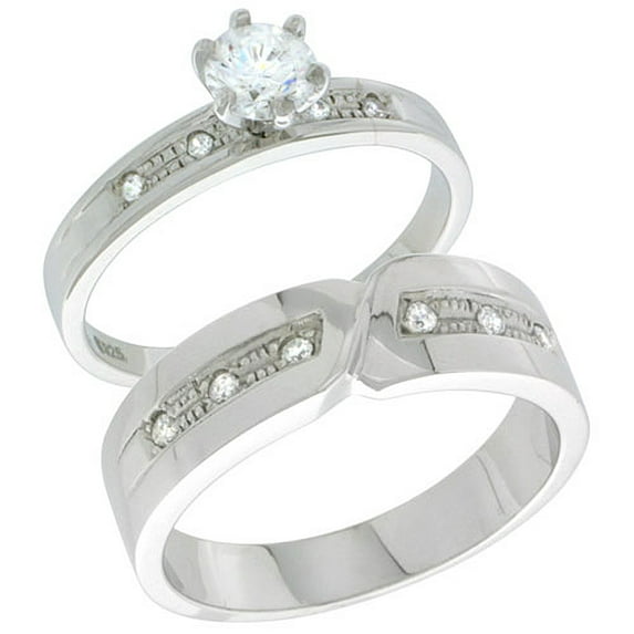 Sterling Silver Cubic Zirconia Engagement Rings Set for Him & Her Brilliant Cut Solitaire 1/4 inch wide, size 10