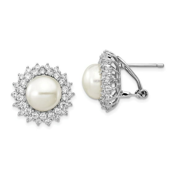 Sterling Silver Cubic Zirconia Freshwater Cultured Pearl Omega Back Earrings - Measures 18x18mm Wide