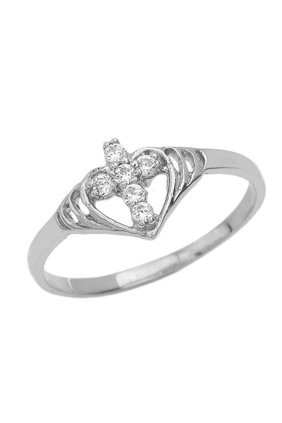 Sterling Silver Cubic Zirconia Heart Cross Ring- Size 4
