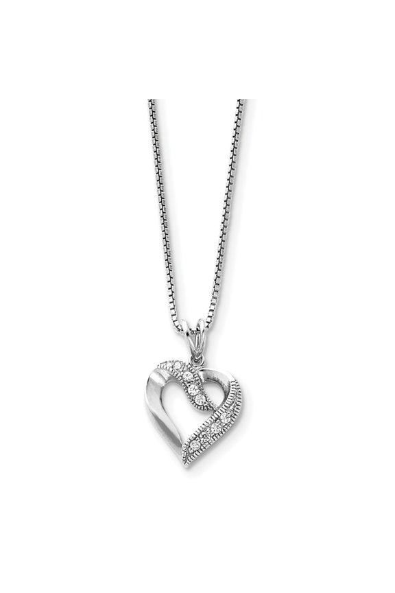 Sterling Silver Cubic Zirconia Heart Pendant on Box Chain Necklace - 16 Inch - Spring Ring - Measures 16mm Wide