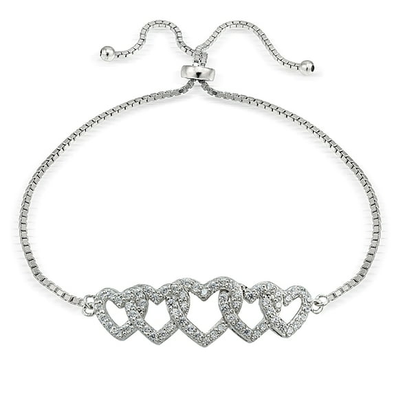 Sterling Silver Cubic Zirconia Intertwining Hearts Adjustable Bracelet