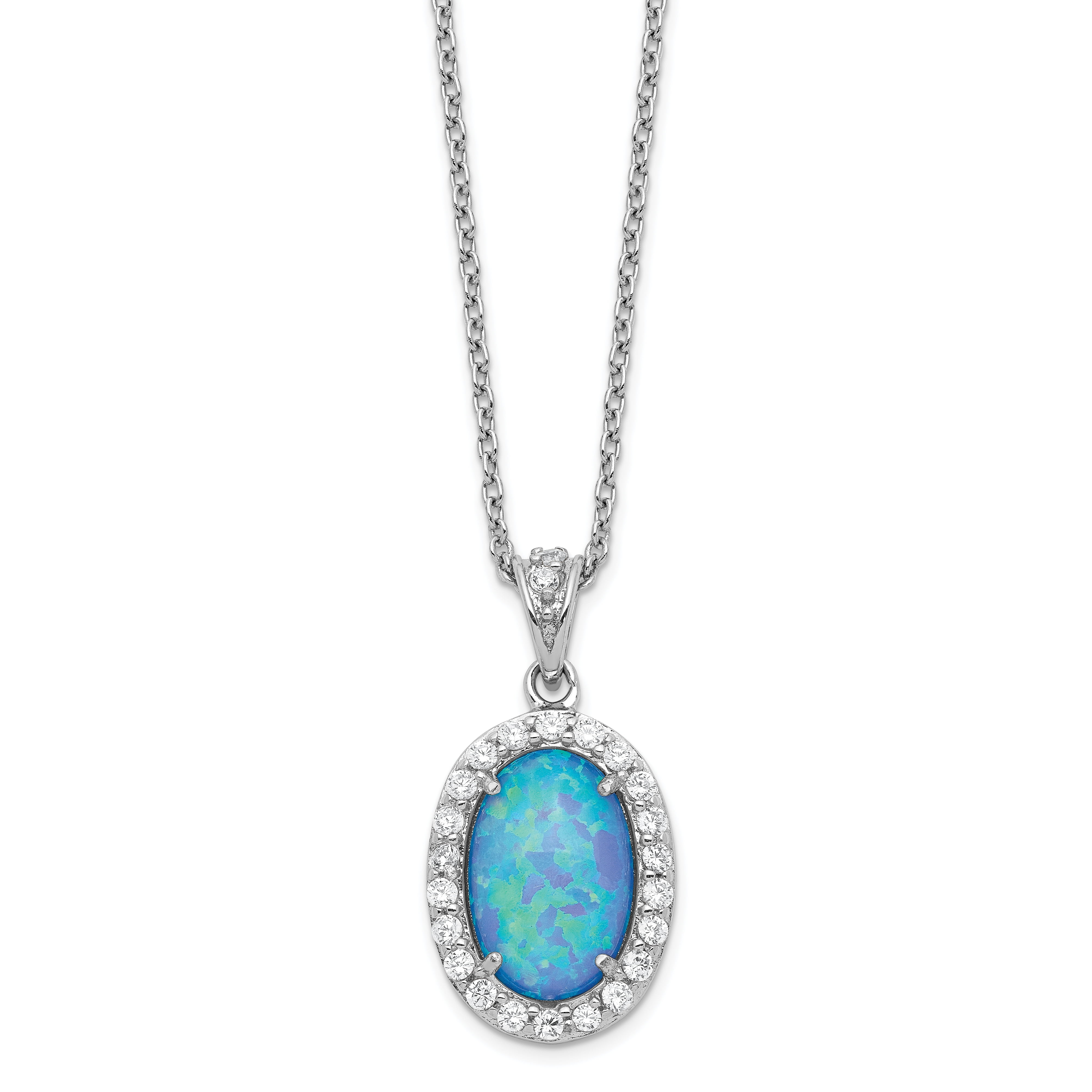 Sterling Silver Cubic Zirconia Lab Created Blue Opal Necklace