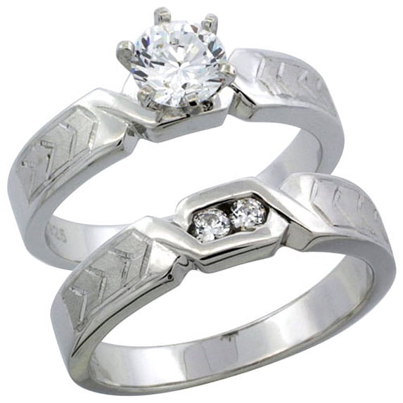 Sterling Silver Cubic Zirconia Ladies’ Engagement Ring Set 2-Piece Chevron Pattern Channel Set, 3/16 inch wide, Size 6