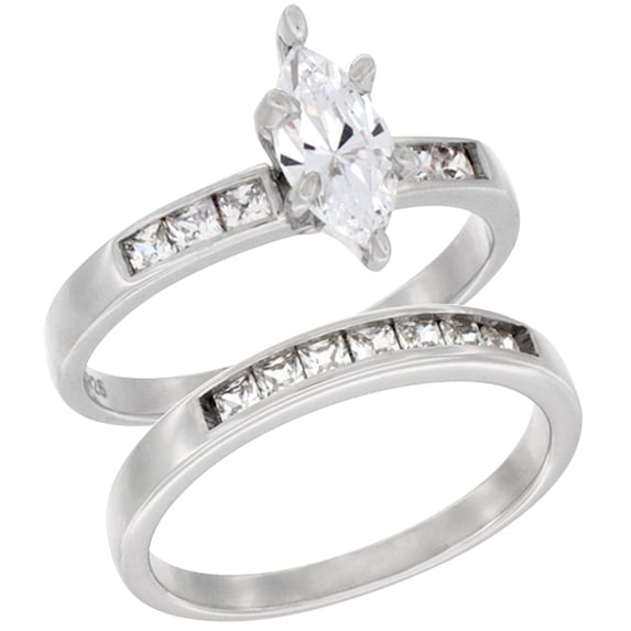 Sterling Silver Cubic Zirconia Ladies’ Engagement Ring Set 2-Piece Classic Channel Design, 7/16 inch wide, size 9.5