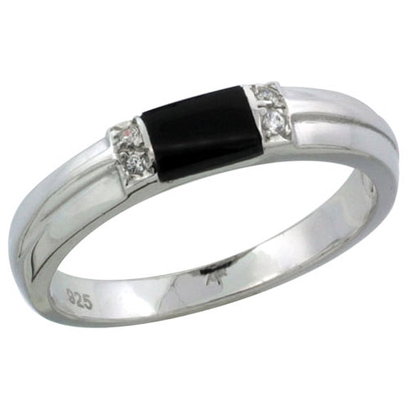 Sterling Silver Cubic Zirconia Ladies' Wedding Band Ring Black Onyx, 1/8 inch wide, Size 9