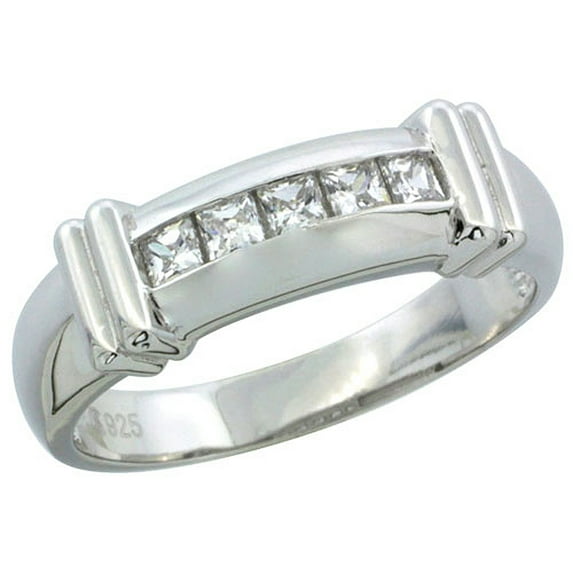 Sterling Silver Cubic Zirconia Mens Wedding Band Ring Channel Set Princess, 1/4 inch wide, Size 10