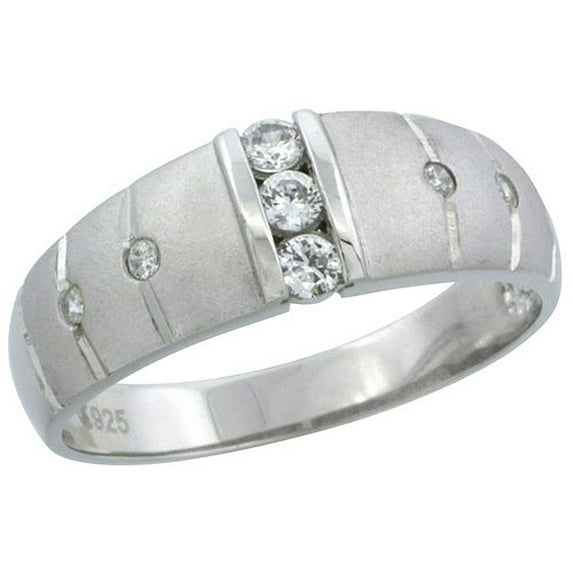 Sterling Silver Cubic Zirconia Mens Wedding Band Ring Classic Channel Set, 9/32 inch wide, Size 9.5