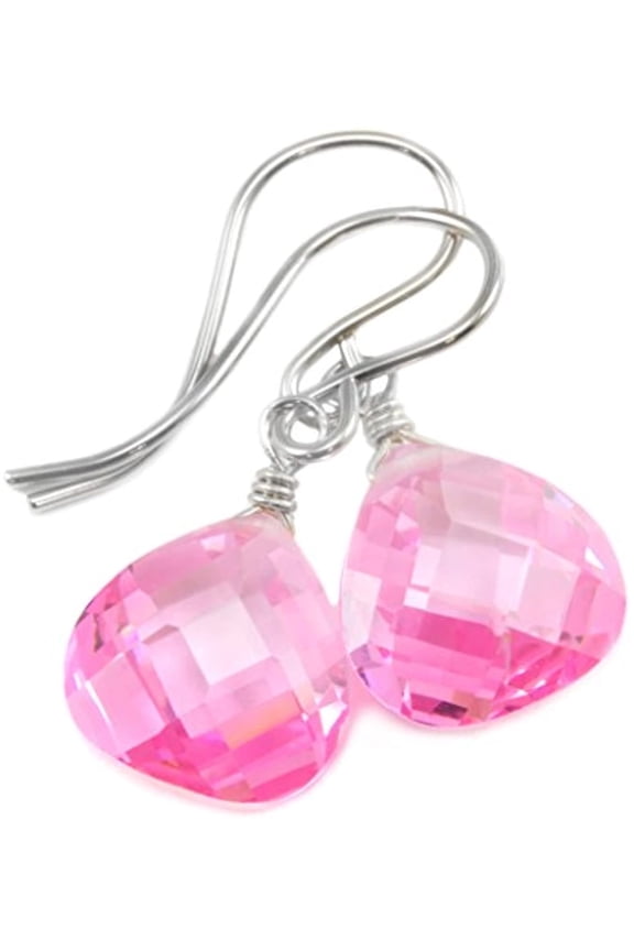 Sterling Silver Cubic Zirconia Pink Earrings Faceted Heart Teardrop Simulated Sapphire In Cz Simple Dainty Drops Designed for Adult Women