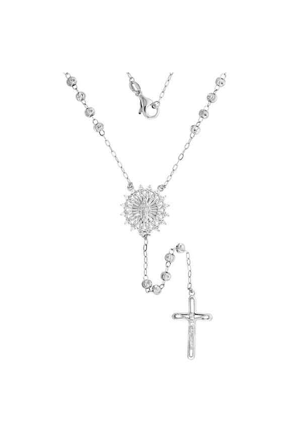 Sterling Silver Cubic Zirconia Rosary Necklace Round CZ Halo Miraculous Medal Center 3mm Moon Cut Beads Rhodium Finished 24 inch