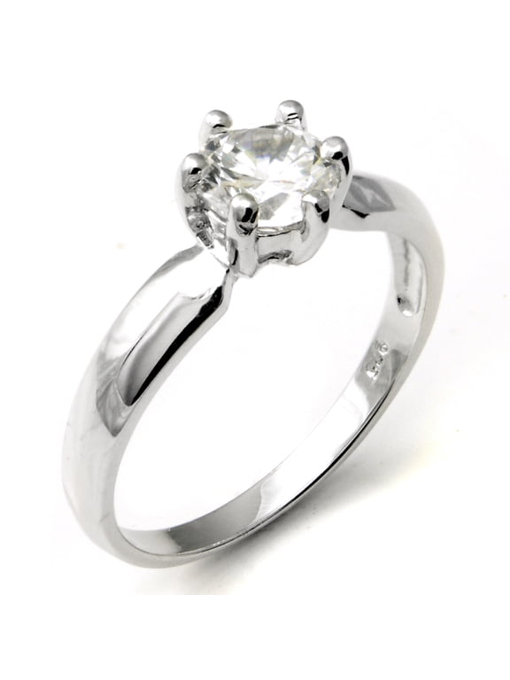 Sterling Silver Cubic Zirconia Solitaire 1.25 Carat tw Round Cut 6-Prong Set CZ Engagement Ring, Nickel Free Sz 7