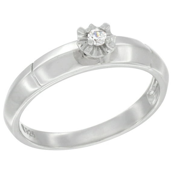 Sterling Silver Cubic Zirconia Solitaire Engagement Ring 0.05 ct Round, 3/32 inch wide, size 9