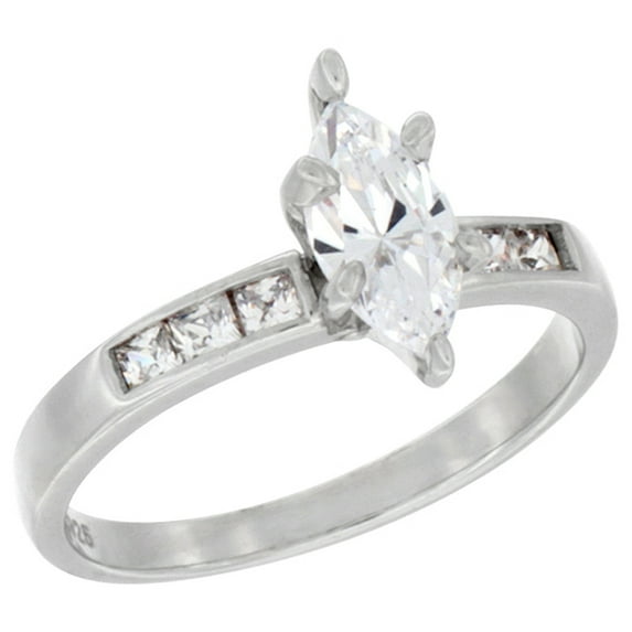 Sterling Silver Cubic Zirconia Solitaire Engagement Ring 1.5 ct Marquise, 7/16 inch wide, size 7