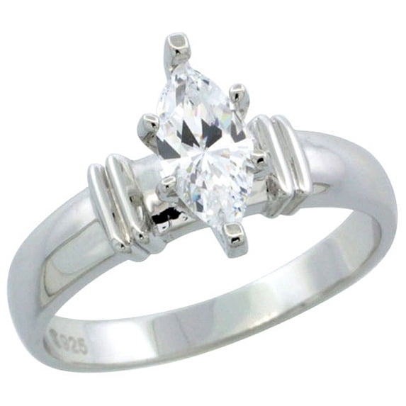 Sterling Silver Cubic Zirconia Solitaire Engagement Ring 3/4 ct Marquise, 3/16 inch wide, Size 7