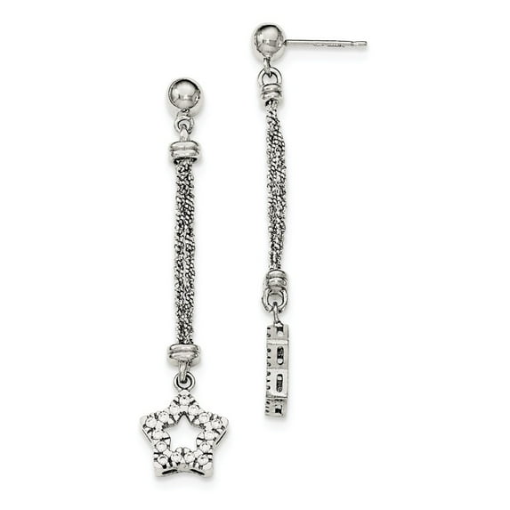 Sterling Silver Cubic Zirconia Star 2 Strand Sparkle-Cut Post Dangle Earrings - Measures 56x13mm Wid