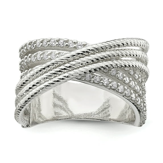 Sterling Silver Cubic Zirconia & Textured Twisted Band Ring Size 7