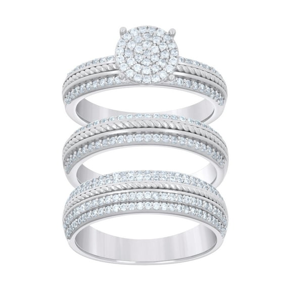 Sterling Silver Cubic-Zirconia Trio Bridal Anniversary Wedding Engagement Band Ring Set Size 6