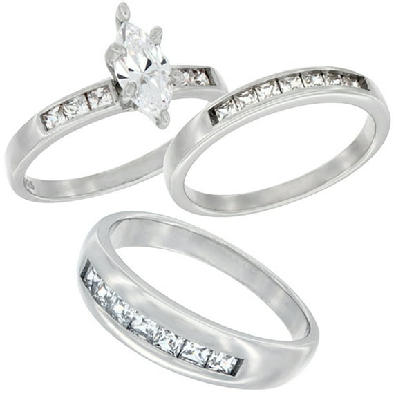 Sterling Silver Cubic Zirconia Trio Engagement Wedding Ring Set for 6 mm Him and Hers 3 mm Classic Channel Design, Ladies' Size 10