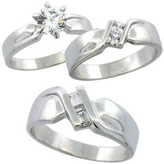Sterling Silver Cubic Zirconia Trio Engagement Wedding Ring Set for Him and Her 6 mm, Ladies' Size 9.5