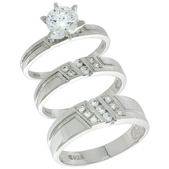 Sterling Silver Cubic Zirconia Trio Engagement Wedding Ring Set for Him and Her, men's band 1/4 inch wide, size 10
