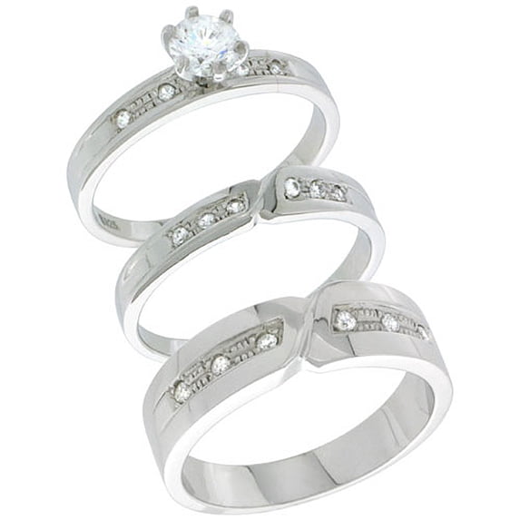 Sterling Silver Cubic Zirconia Trio Engagement Wedding Ring Set for Him and Her, men's band 1/4 inch wide, size 6